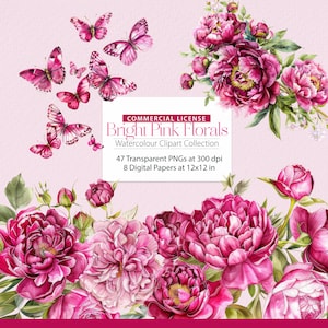 Fleur fuchsia, clipart rose bohème, rose fuchsia, rose rose fleurie, clipart fuchsia, bouquet lumineux, png de pivoines roses, papillon rose