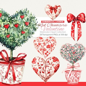 Chinoiserie Valentines Clipart, Chinoiserie Hearts, Grandmillennial, Chinoiserie Bow, Heart Topiary, Chinoiserie Clipart Nursery