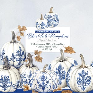 Toile-pompoen clipart, Chinoiserie-pompoen, kortstondige herfst, damast herfst, herfstpompoenen, toile de jouy, blauwwitte pompoenen, elegante vakantie