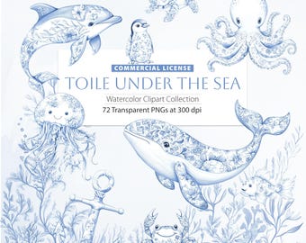 Blue Toile Under the Sea Watercolor Clipart, Marine Animals, Nautical Nursery Graphics (Digital Download)