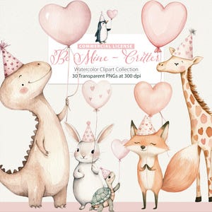 Aquarell Valentinstag Tier Clipart, Kinderzimmer, niedliche launische Tiere, Waldtiere, Ballons, Waldtiere, Safari Tiere, süße Tiere