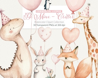 Watercolor Valentine Animal Clipart, Nursery, Cute Whimsy Animals, Forest Animals, Balloons, Woodland Animals, Safari Animals, Cute Animals