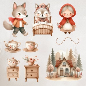 Little red riding hood clipart, nursery rhyme clipart, fairy tale clipart,  woodland clipart, forest clipart, wolf clipart, House in the forest, Grandma, wolf as grandma, tea set, big bad wolf, vintage fairytale, little red ride hood