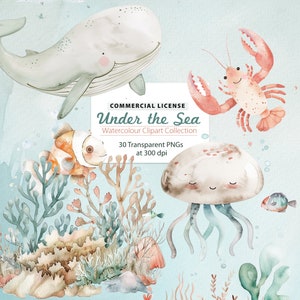 Onder de zee aquarel clipart, nautische clipart, zeedieren, kwallen, octopus, walvis, oceaan clipart, kinderdagverblijf inrichting, kunst aan de muur, schattige vis