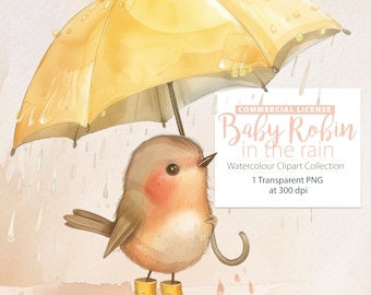 Bébé rouge-gorge sous la pluie, clipart bébé oiseau, mignon bébé oiseau, rouge-gorge mignon, rouge-gorge européen, baby shower, bottes jaunes, oiseau de printemps, chambre d'enfant