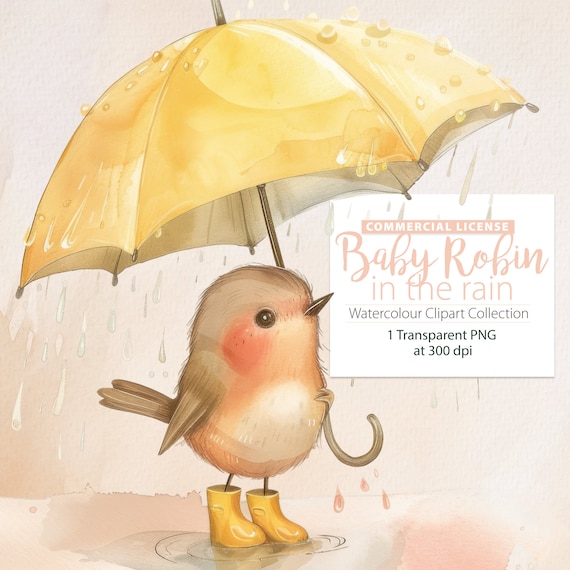 Baby Robin in the Rain, baby bird clipart, cute baby bird, cute robin, european robin, baby shower, yellow boots, spring bird, nursery