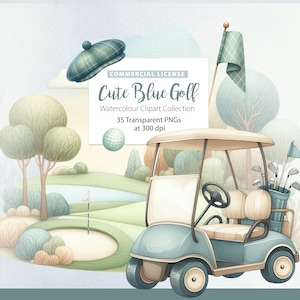 Cute Golf Clipart | Watercolor Golf Clipart | Golfing Equipment | Cute Golfcart | Golfing bundle | Blue Golf Cart | Digital Download | Golf