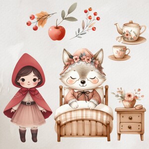 Little red riding hood clipart, nursery rhyme clipart, fairy tale clipart,  woodland clipart, forest clipart, wolf clipart, House in the forest, Grandma, wolf as grandma, tea set, big bad wolf, vintage fairytale, little red ride hood
