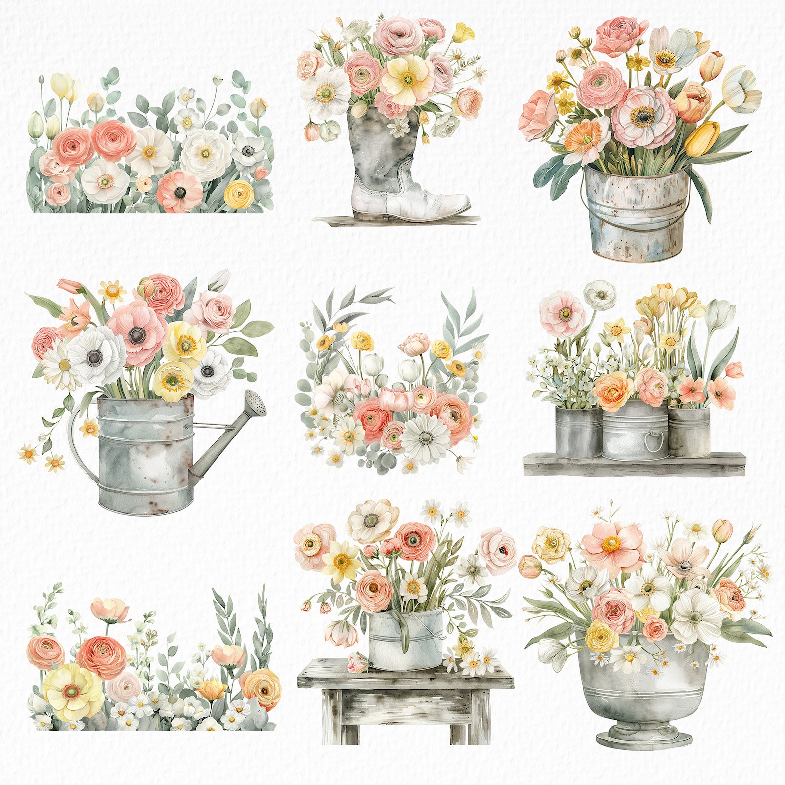 Spring Container Drawings Spring Flowers in Containers Watercolour Clipart Collection - Etsy