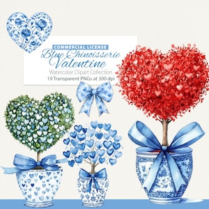 Chinoiserie Valentines Clipart, Chinoiserie Hearts, Grandmillennial, Chinoiserie Bow, Heart Topiary, Chinoiserie Clipart-kwekerij