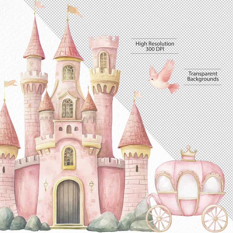 Little Princess Watercolor Fairytale, Princess and Castle Pink Princess Carriage Prince Castle, magical elements, royal land images, cinderella, magic land, magical kingdom, little kingdom, baby princess castle clipart, dusty rose, royal, cute