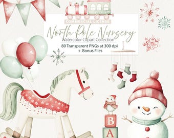 Christmas Nursery Clipart, Watercolor Baby, Festive Holiday (Digital Download)