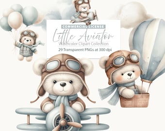 Little Aviator png, Little Pilot Clipart, Aviator Boy Clipart, Baby boy teddy, Teddy bear airplane, Adventure announce, Airplane nursery art