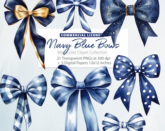 Watercolor Navy Bow Clipart, Ribbon PNG (Digital Download)