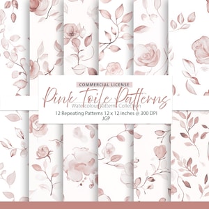 May include: A set of 12 digital seamless patterns featuring pink watercolor roses and leaves on a white background. The patterns are 12 inches by 12 inches and 300 DPI.  The text "Pink Toile Patterns" is displayed on the image.
