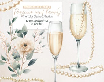 Könnte beinhalten: Eine digitale Illustration von zwei Champagnergläsern, gefüllt mit prickelndem Champagner und Perlenketten. Das Bild hat einen Aquarellstil und ist mit "Prosecco and Pearls Watercolor Clipart Collection" beschriftet.