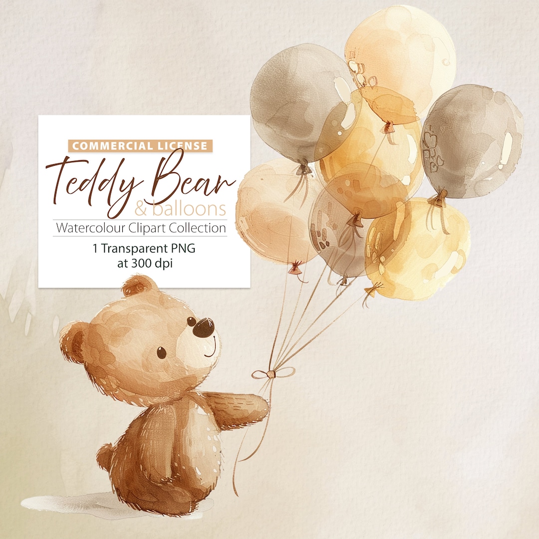Teddy Bear With Balloons Watercolour Clipart Single - Etsy