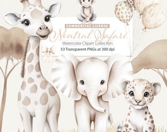 May include: Watercolor clipart collection of neutral safari animals, including a giraffe, elephant, monkey, and leopard. The animals are illustrated in a soft, muted color palette with brown, beige, and white tones. The text "Neutral Safari" is included in the image.