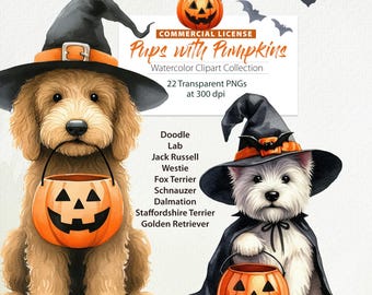 May include: Two watercolor illustrations of dogs dressed in Halloween costumes. A golden doodle wearing a witch's hat holds a pumpkin bucket. A white Westie wearing a witch's hat and cape holds a pumpkin bucket. The text "Pups with Pumpkins" is at the top of the image.