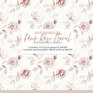 May include: A seamless watercolor pattern featuring pink roses and leaves on a cream background. The design includes the text "Pink Rose Floral Watercolor Pattern Collection" and details about the pattern size and resolution.