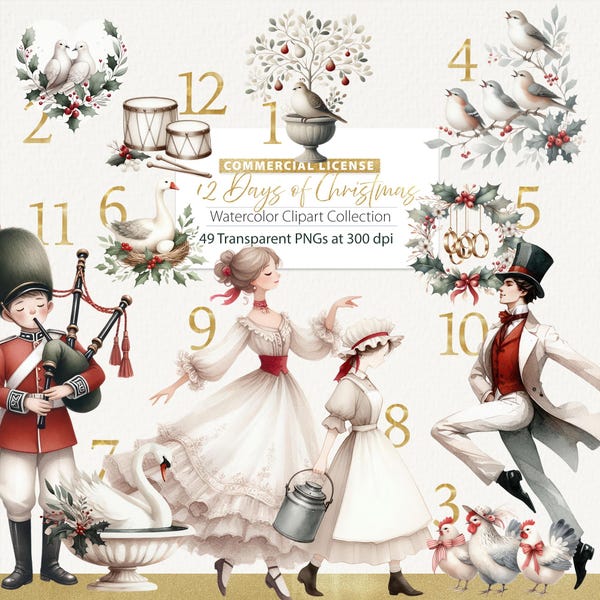 12 Days Christmas Clipart, 12 Days of Christmas, 12 Days Xmas, Victorian Christmas, Holiday Digitals, Partridge Pear Tree, Five Golden Rings