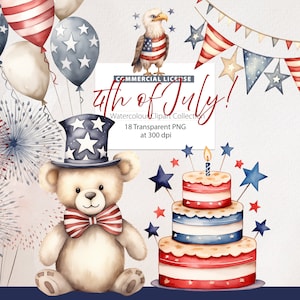 4 juillet Clipart - mignon 4 juillet téléchargement - téléchargement immédiat - clipart patriotique - ballons - Bruant - feux d'artifice - aquarelle 4 juillet