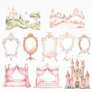 Little Princess Watercolor Fairytale, Princess and Castle Pink Princess Carriage Prince Castle, magical elements, royal land images, cinderella, magic land, magical kingdom, little kingdom, baby princess castle clipart, dusty rose, royal, cute