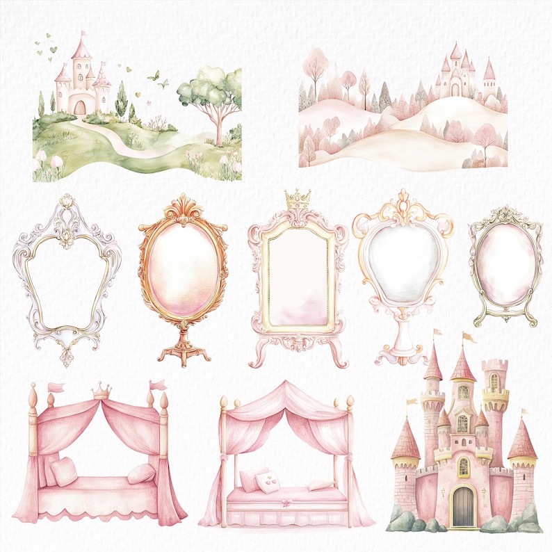 Little Princess Watercolor Fairytale, Princess and Castle Pink Princess Carriage Prince Castle, magical elements, royal land images, cinderella, magic land, magical kingdom, little kingdom, baby princess castle clipart, dusty rose, royal, cute
