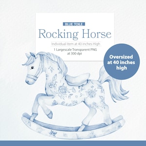May include: A blue toile rocking horse illustration. The horse is decorated with floral patterns and measures 101.6 cm high. The image includes the text "Rocking Horse" and "Oversized at 40 inches high."