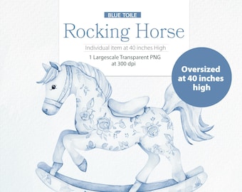 OVERSIZED Toile Nursery Rocking Horse | 40 Inch | Blue Chinoiserie | Digital Download