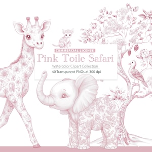 Puede incluir: Una colección de imágenes prediseñadas de acuarela rosa titulada "Pink Toile Safari" con una jirafa, un elefante, un mono y un árbol con un pájaro. Las ilustraciones tienen un patrón floral y están sobre un fondo blanco. El texto indica 40 PNG transparentes a 300 ppp.