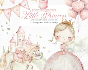 Op de afbeelding: Een aquarel clipart-collectie met een prinses in een roze jurk, een paard, een kasteel, een kikker en hartvormige ballonnen. De collectie bevat 72 transparante PNG's met 300 dpi. De tekst "Little Princess" is geschreven in roze en gouden letters.