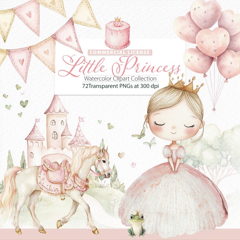 Little Princess Watercolor Fairytale, Princess and Castle Pink Princess Carriage Prince Castle, magical elements, royal land images, cinderella, magic land, magical kingdom, little kingdom, baby princess castle clipart, dusty rose, royal, cute