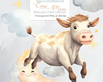 Aquarell Kuh sprang über den Mond Clipart (digitaler Download)