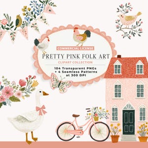 Könnte beinhalten: Digitale Clipart-Kollektion "Pretty Pink Folk Art" mit Illustrationen eines rosa Hauses, eines Fahrrads, einer Gans, eines Schmetterlings, Hühnern und floralen Elementen. Enthält 104 transparente PNGs und 4 nahtlose Muster.