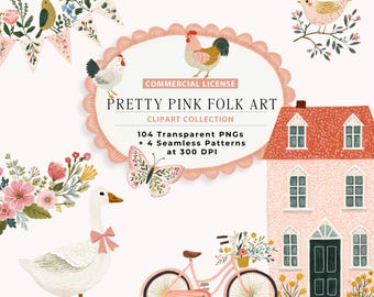 Pink Folk Art Clipart Collection | Whimsy Cottagecore Floral Designs (Digital Download)