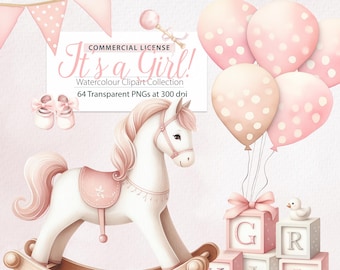 Baby Girl Watercolor Clipart, Nursery Decor (64 PNGs) (Digital Download)