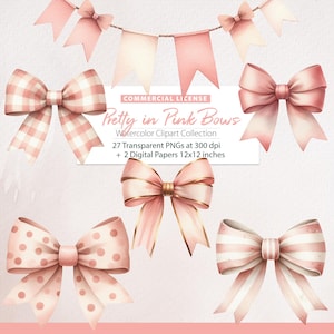 Watercolor Pink Bow Clipart,  Coquette Bow Designs, Baby Girl Nursery Art, Girl Baby Shower, Watercolor Pink Bow Coquette, Girly Clipart