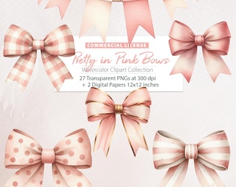 Watercolor Pink Bow Clipart, Coquette Nursery Designs (Digital Download)