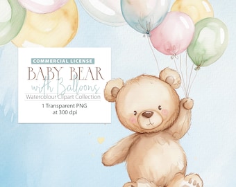 Osito con Globos de Colores Acuarela ClipArt Single