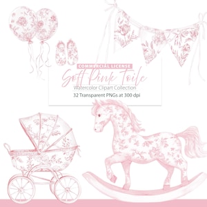 Könnte beinhalten: Aquarell-Clipart-Kollektion mit einem zarten rosa floralen Toile-Muster. Das Bild zeigt einen Kinderwagen, ein Schaukelpferd, Luftballons, Babyschuhe und ein Banner. Der Text lautet "Soft Pink Toile" und "32 transparente PNGs bei 300 dpi."