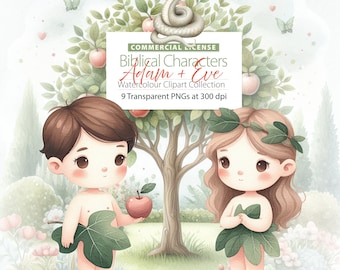 Adam and Eve | Bible Story Clipart | Garden Of Eden | Biblical Clip Art | Tree Of Knowledge | Creation Clipart | Serpent | Genesis | Digital