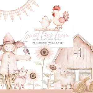 Clipart ferme rose, anniversaire à la ferme, clipart grange rose, anniversaire de la basse-cour, ferme mignonne, animaux de la basse-cour, pépinière de la basse-cour, baby shower à la ferme, pépinière de la ferme