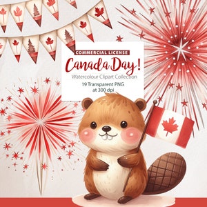 Aquarell Canada Day Clipart - Süßer Juli Erster Download - Kanadische Flagge - Ahornblatt png - Süßer Biber - Cute Bear png, Kanada-Feier
