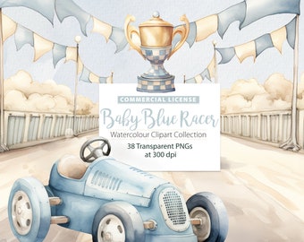 Watercolor Vintage Race Car Clipart, Retro Baby Shower (Digital Download)