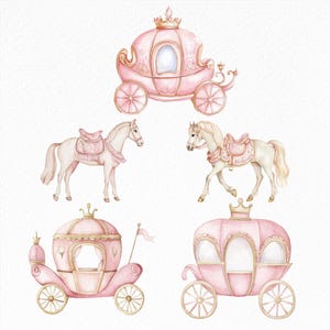 Little Princess Watercolor Fairytale, Princess and Castle Pink Princess Carriage Prince Castle, magical elements, royal land images, cinderella, magic land, magical kingdom, little kingdom, baby princess castle clipart, dusty rose, royal, cute