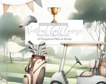 Neutral Aquarell Golf Clipart, Golfwagen, Schläger (digitaler Download)