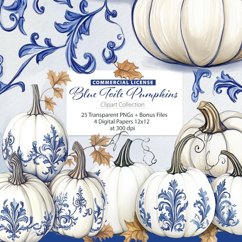 Blue Toile Pumpkin Clipart, Chinoiserie Fall (digital Download) - Etsy
