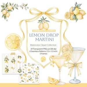 Peut inclure: Une collection de cliparts à l'aquarelle intitulée Lemon Drop Martini avec des citrons jaunes, des feuilles vertes, des fleurs blanches et des verres à martini. L'ensemble comprend 34 PNG transparents à 300 dpi, 6 motifs et 5 cadres.