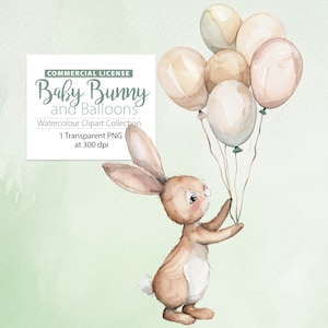 Clipart aquarelle de bébé lapin avec des ballons neutres à l'unité